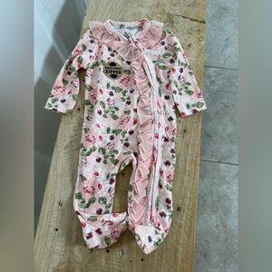 Baby Essentials Girl Pink Floral Ruffle Footie Sleeper Two-Way Zipper | Size 3M